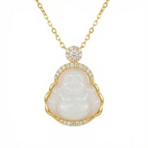 925 Sterling Silver Elegant White Jade Laughing Buddha Pendant Necklace with Sparkling Diamond Accents