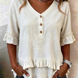 Womens Retro V-Neck Ruffled Loose Short-Sleeve Shirt
