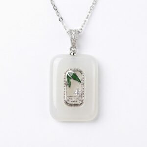 925 Sterling Silver Elegant White Jade Pendant Necklace with Green Bamboo Leaf Inlay and Silver Chain