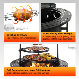 33 Inch Outdoor Fire Pit With 2 Cooking Grills, Wood Burning Firepit With Removable Swivel Grill, For Deck Bonfire Patio Picnic, Black