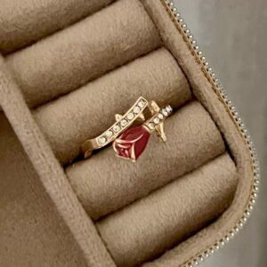 Enamel Red Rose Ring For Women, Light Luxury New Year Index Finger Ring, Open Adjustable Niche Design Delicate Ring