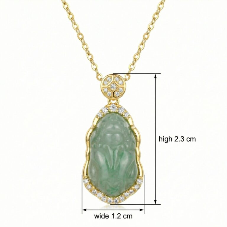 925 Sterling Silver Elegant Hand-Carved Green Jade Pendant Necklace with Shimmering Gemstone Accents