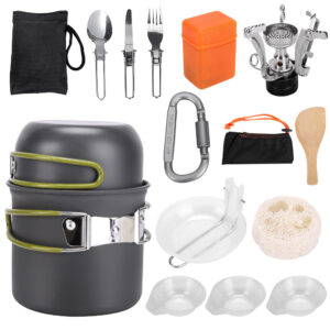 Outdoor Portable Camping Cookware Set Hiking Cooking Pot Gas Stove Tableware Kit