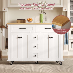 Kitchen Island On Wheels, Dropleaf Trolley, Rolling Cart With Foldable Countertop, 5 Drawers, Spice & Towel Holders,lockable Wheels, For Kitchen, Dining Room & Living Room,120x65x89 Cm