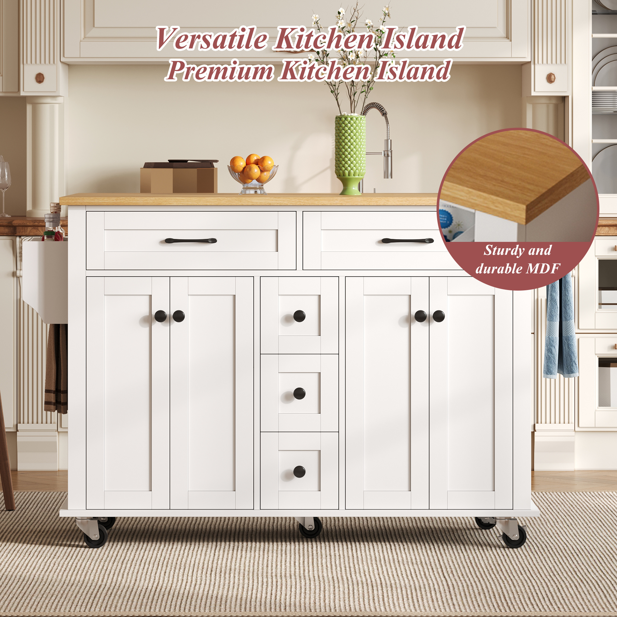 Kitchen Island On Wheels, Dropleaf Trolley, Rolling Cart With Foldable Countertop, 5 Drawers, Spice & Towel Holders,lockable Wheels, For Kitchen, Dining Room & Living Room,120x65x89 Cm