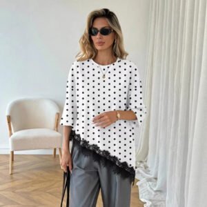 Polka-dot Top Asymmetric Lace-panel T-shirt For Women