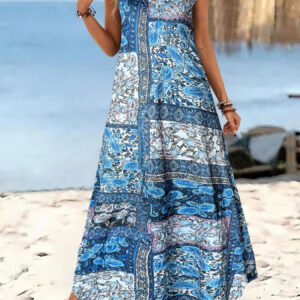 Resort-Style Printed Casual V-Neck Slip Dress With Straps