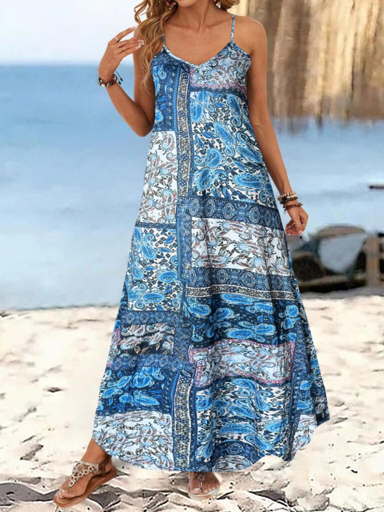 Resort-Style Printed Casual V-Neck Slip Dress With Straps