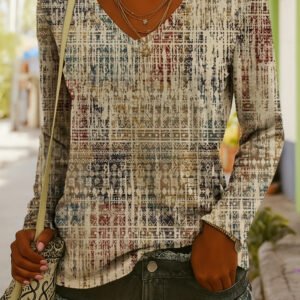 Fashionable Ethnic-Style Printed V-Neck Long-Sleeve T-Shirt