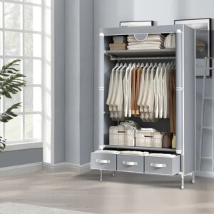 Portable Closet Wardrobe With Rolling Door & Hanging Rack - Lightweight Clothes Storage Organizer, 3 Drawers & Curtain Design-67x35x17 Inches