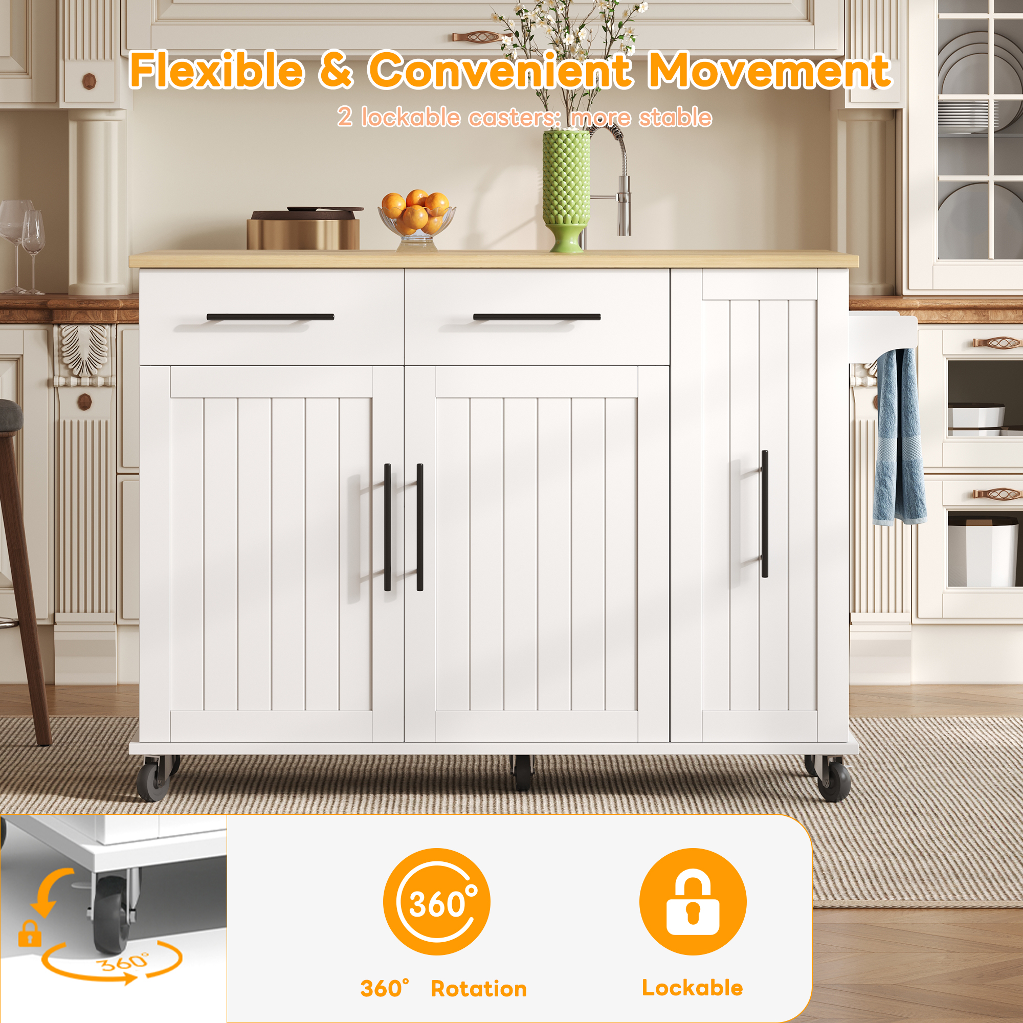 Kitchen Island With Drop Leaf, Storage Trolley With 3-tier Pull-out Cabinet Organizer, Internal Storage Rack, Rolling Cart With Towel Holder & 2 Drawers For Dining Room, White