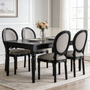 French Country Dining Chairs Set Of 2, Upholstered Chairs With Sponge Round Back , For Living Room, Kitchen , Restaurant Use, Black Solid Wood Frame,Light Grey Fabric