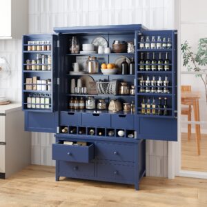 Assembly&Show Video Available TOPMAx Freestanding Large Kitchen Pantry Wooden Kitchen Storage Cabinet Cupboard With 8 Door Shelves 3 Adjustable Shelves 7 Drawers& 8 Wine Racks Blue