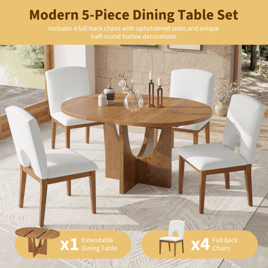 TOPMAX Modern 5-Piece Extendable Round Dining Table Set With 16.2inch Removable Leaf For Small Places, Walnut Old