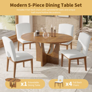 TOPMAX Modern 5-Piece Extendable Round Dining Table Set With 16.2inch Removable Leaf For Small Places, Walnut Old