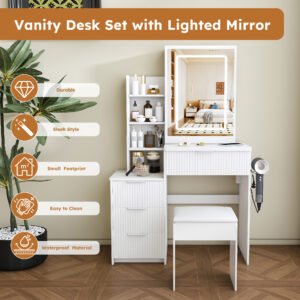 Modern Vanity Desk Featuring 3 Modes Of LED Lighting With Adjustable Brightness With 4 Drawers And Multiple Open Storage Shelves With A Hair Dryer Holder And Power Socket A Dressing Chair.white