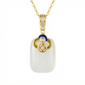 925 Sterling Silver Elegant White Jade Rectangle Pendant with Blue Enamel and Radiant Gemstones