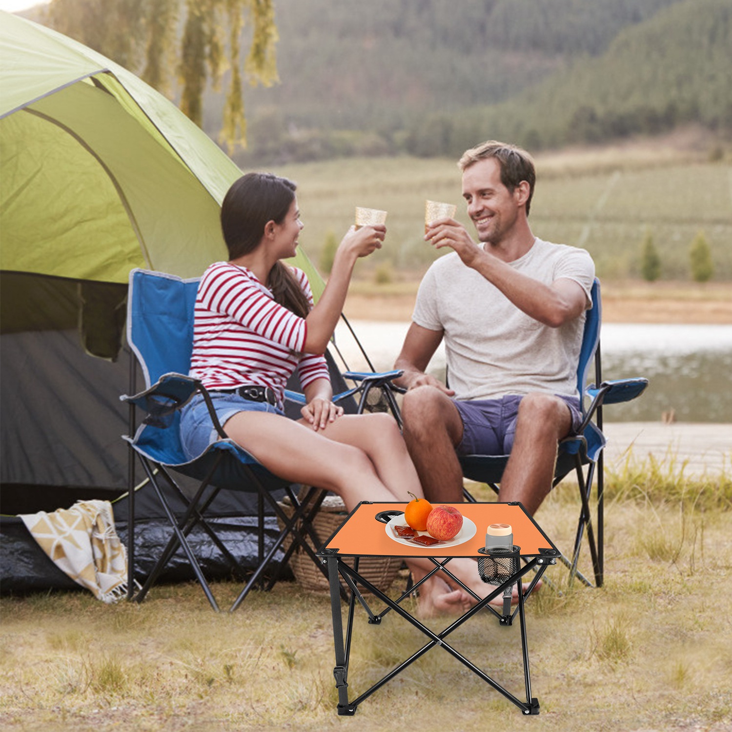 1Pc 2Pc Options Foldable Camping Table Portable Picnic Table Lightweight Travel Desk With 2 Cup Holders Carrying Bag Color Options Black Orange Green Red Blue Navy Blue - Image 23