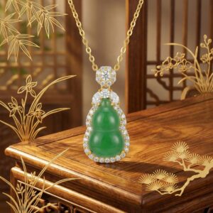 925 Sterling Silver Elegant Green Jadeite Calabash Pendant Necklace Framed with Sparkling Diamond Accents