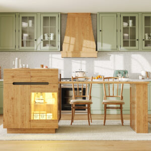 Kitchen Island With Extendable Table, Multifunctional Kitchen Storage Cabinet With LED Lighting App Control , Oak Effect, Glass Door, For Kitchen & Dining Room