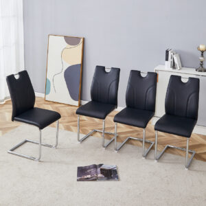 Black PU Dining Chair Set.Uniquely Designed Black Dining Chairs. PU Material, Paired With Silver Metal Chair Legs. Suitable For Offices, Restaurants, Kitchens, Conference Rooms, Etc. Set Of 4