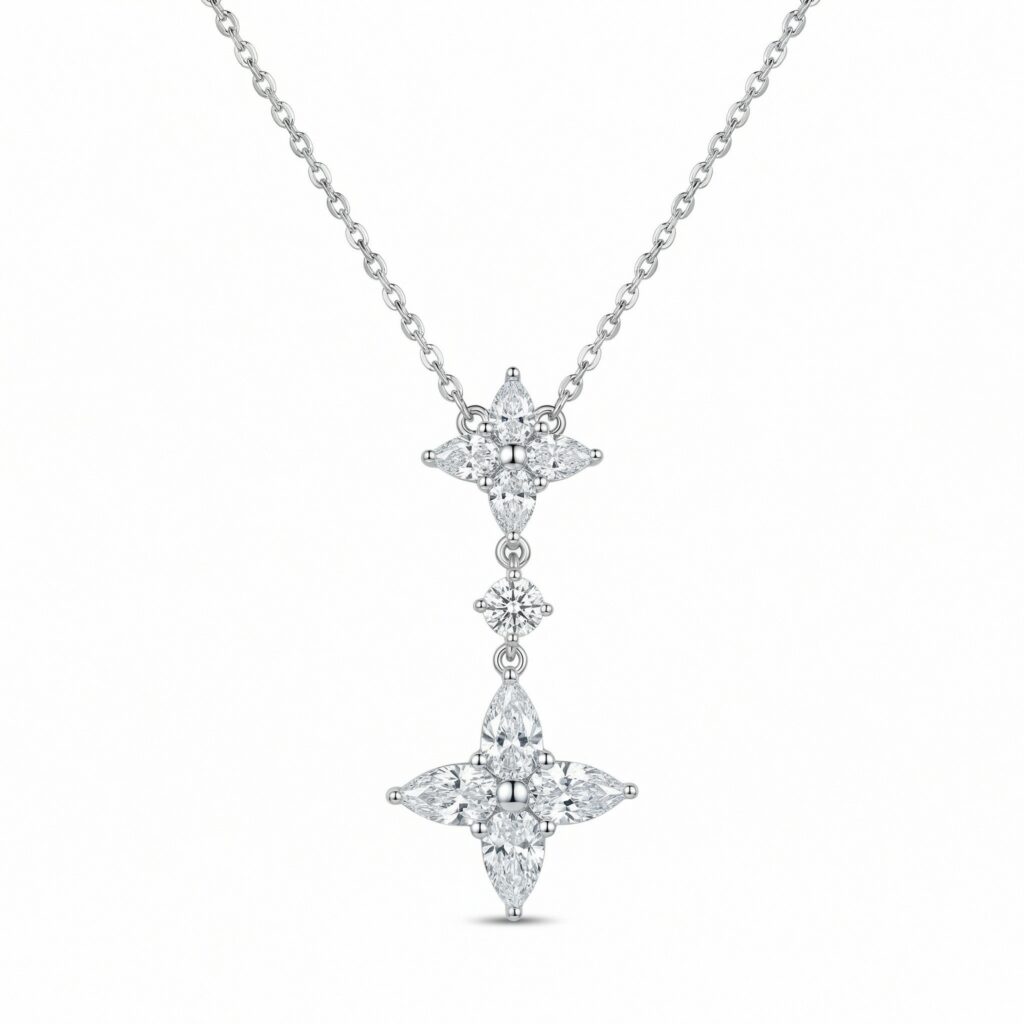 925 Sterling Silver Exquisite Marquise CZ Floral Double Cluster Drop Pendant Necklace