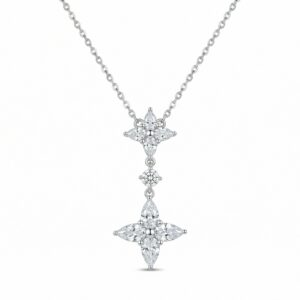 925 Sterling Silver Exquisite Marquise CZ Floral Double Cluster Drop Pendant Necklace