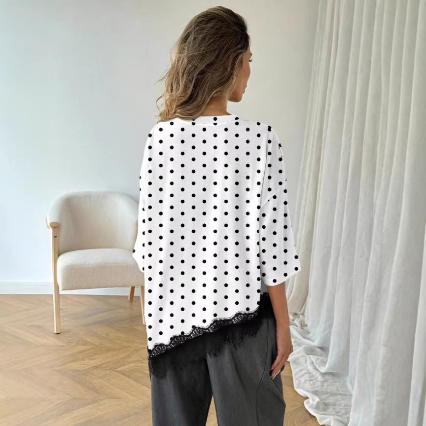 Polka-dot Top Asymmetric Lace-panel T-shirt For Women