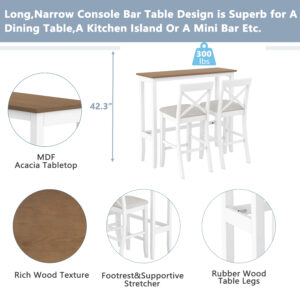 TOPMAX Farmhouse 48 Rectangular Wood Bar Height Dining Set Kitchen Breakfast Nook With 2 Chairs For Small Places,Brown White Beige