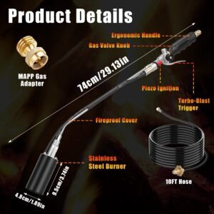 180000 BTU Propane Weed Torch Heavy Duty Weed Burner Flame Weeder With 10FT Hose Piezo Ignition Adjustable Flame Control For Weeds Ice Snow Asphalt Fire Starting Propane Tank Not Included