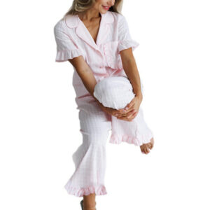 Ruffled-edge Short-sleeve Pajama Set With Long Pants