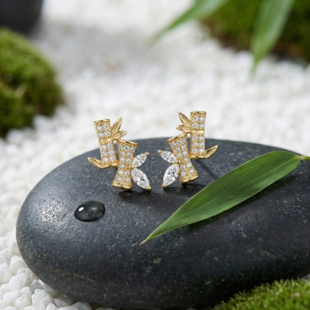 925 Sterling Silver Nature-Inspired Bamboo and Leaf Gemstone Stud Earrings in Lustrous Gilded Finish