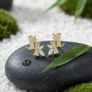925 Sterling Silver Nature-Inspired Bamboo and Leaf Gemstone Stud Earrings in Lustrous Gilded Finish