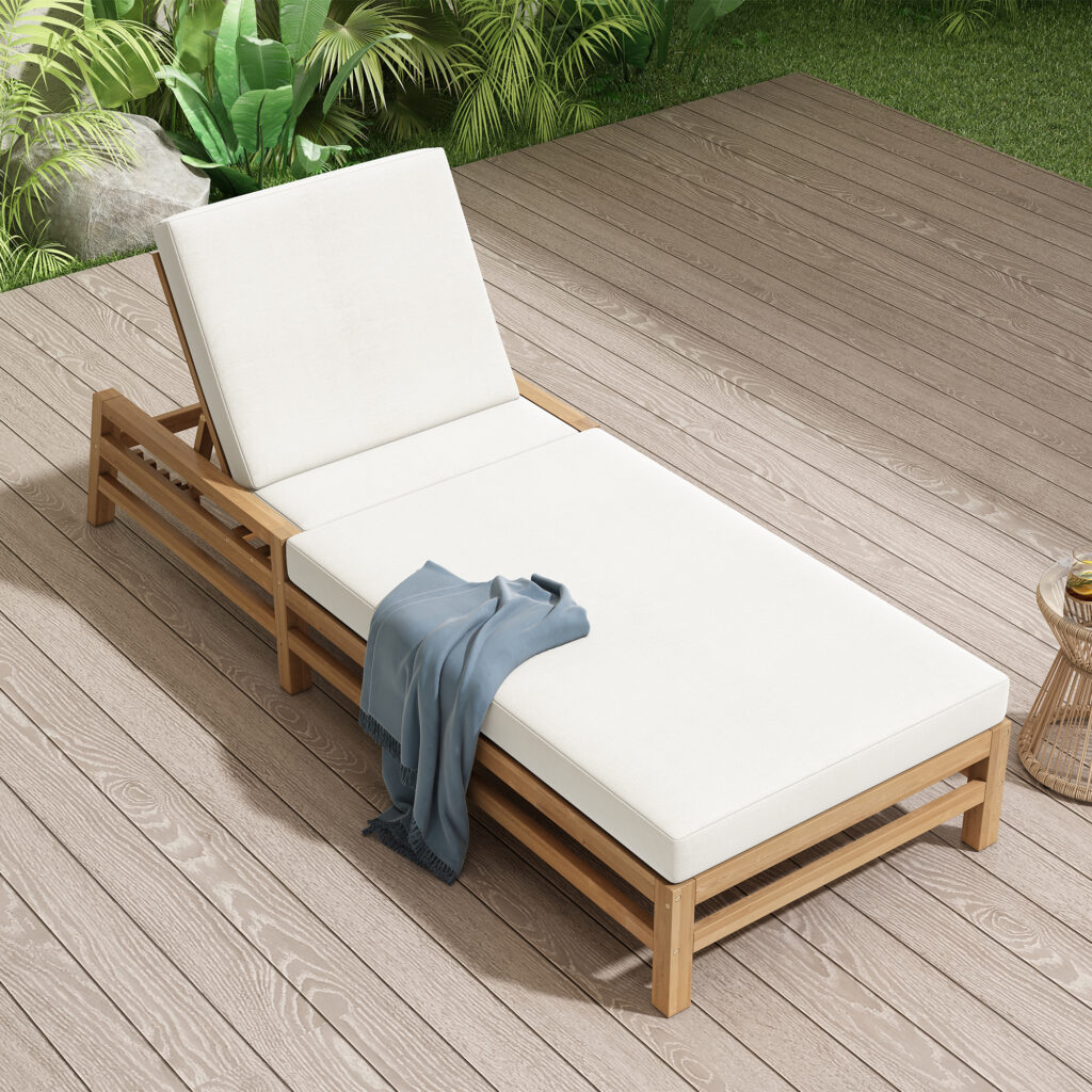 TREXM 5-Position Adjustable Outdoor Chaise Lounge Solid Wood Patio Recliner Chair With Thick Cushions Weather-Resistant For Pool Balcony & Garden Light Teak