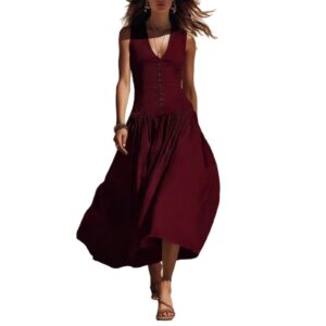 V-Neck Buttoned Chic Elegant Sleeveless Cotton-Linen Dress