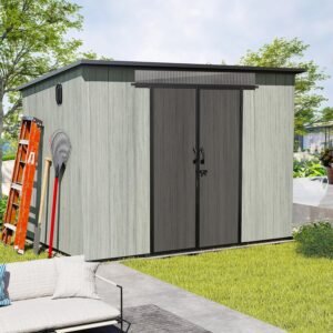 6x9FT Outdoor Resin Storage Shed With Transparent Windows & Louvered Vents, Plastic Tool Shed With Double Lockable Doors & Sloping Roof, Outside Garden Shed For Backyard, Patio, Lawn, Gray