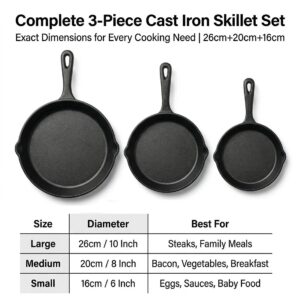 3pcs Pre-Seasoned Cast Iron Skillet Grill Pan With Handle For Grill, BBQ,Kitchen And Camping Cookware