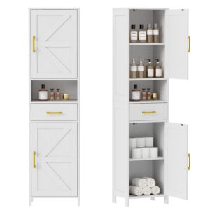 Tall Narrow Storage Cabinet, 2 Barn Doors With Drawer, Adjustable Shelves, Floor Cabinet For Bathroom, Living Room, Entryway, Kitchen
