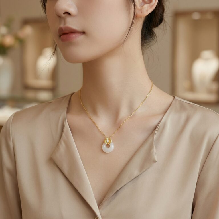 925 Sterling Silver Exquisite White Jade Pi Disc Pendant with Sparkling Diamond Floral Detail