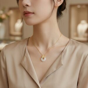 925 Sterling Silver Exquisite White Jade Pi Disc Pendant with Sparkling Diamond Floral Detail