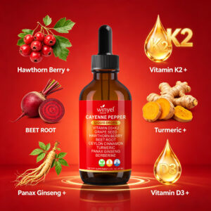 WINYEL Cayenne Pepper Drops Supplement Liquid Hawthorn Berry, Vitamin D3 K2 Beet Root Powder, Ceylon Cinnamon, Turmeric Curcumin, Organic Panax Ginseng, Berberine Extract 1 Pack