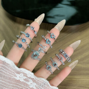 Ocean Blue Zircon Open Ring, Delicate Clear Diamond Inlay, Elegant Skin-friendly, Minimalist Cold Chic Women Jewelry