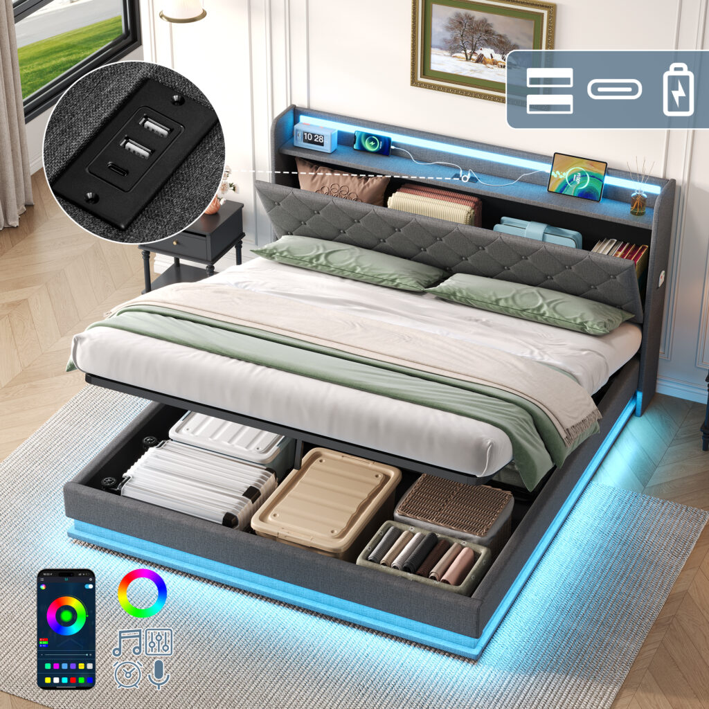 4ft6 Double Upholstered Bed Frame With Hydraulic Storage, LED Button Tufted Headboard With Charging Station And Concealed Headboard Storage, USB And Type - C Ports, Linen, Grey No Mattress