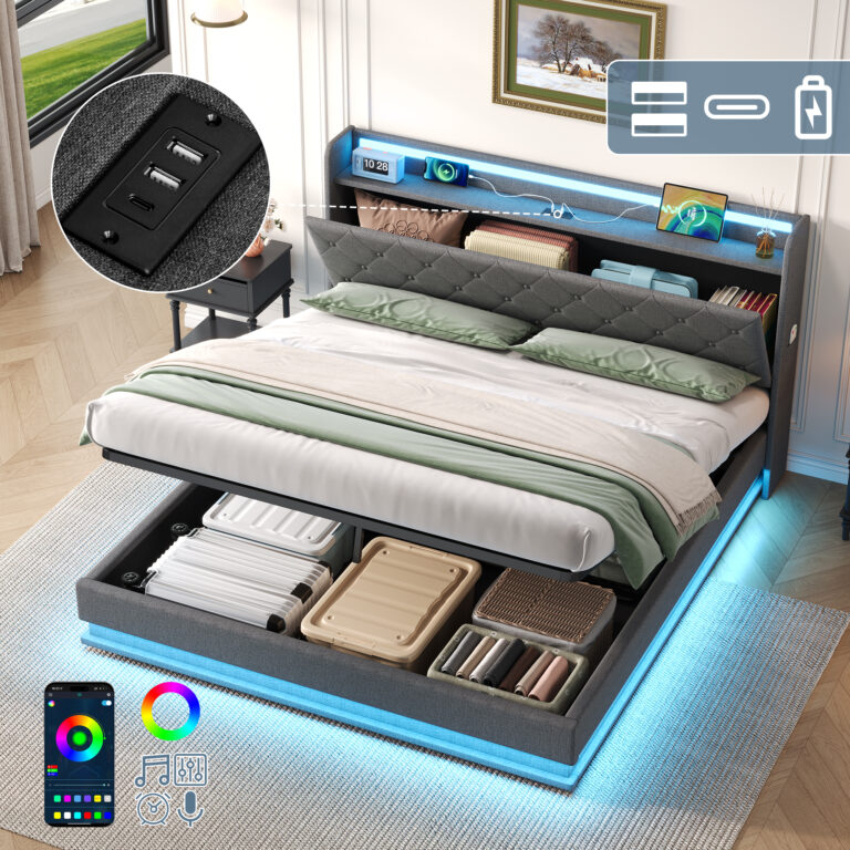 4ft6 Double Upholstered Bed Frame With Hydraulic Storage, LED Button Tufted Headboard With Charging Station And Concealed Headboard Storage, USB And Type – C Ports, Linen, Grey No Mattress