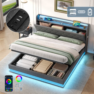 4ft6 Double Upholstered Bed Frame With Hydraulic Storage, LED Button Tufted Headboard With Charging Station And Concealed Headboard Storage, USB And Type - C Ports, Linen, Grey No Mattress