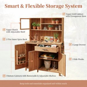 With Assembly Video TOPAMx Potting Bench With Hutch 65 H Solid Fir Wood Garden Workstation Large Countertop Patio Kitchen Island With Adjustable Shelves Spice Rack Side Hook And Drawer Natural