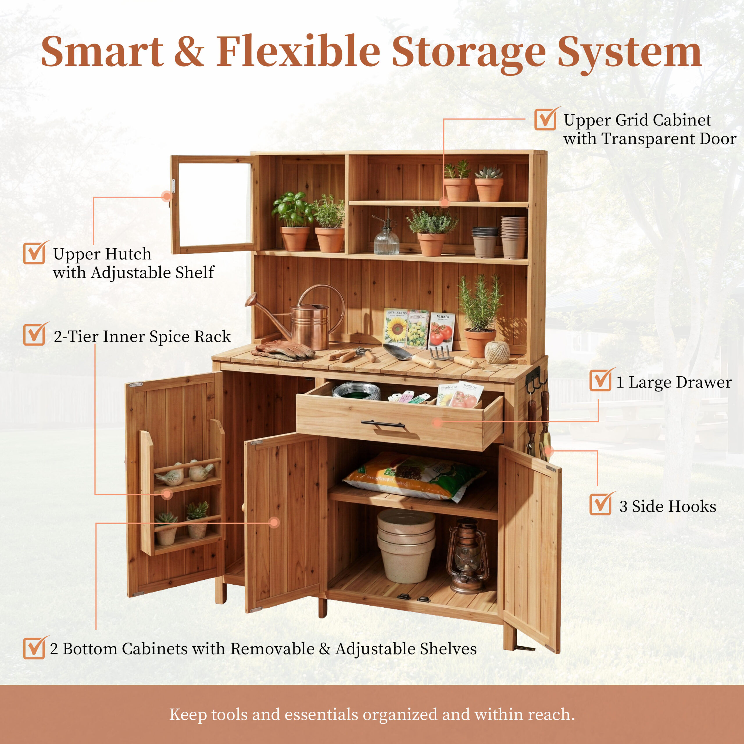 With Assembly Video TOPAMx Potting Bench With Hutch 65 H Solid Fir Wood Garden Workstation Large Countertop Patio Kitchen Island With Adjustable Shelves Spice Rack Side Hook And Drawer Natural - Image 3