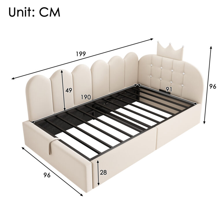 Upholstered Daybed With Hydraulic Storage, 3FT Single Sofa Bed 90 X 190 Cm, Crown-shaped Bed Guest Beds For Adults & Children, Velvet, Beige No Mattress
