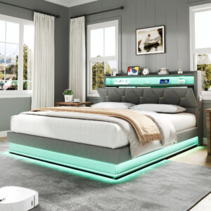 4ft6 Double Upholstered Bed Frame With Hydraulic Storage, LED Headboard With Charging Station And Concealed Headboard Storage, USB And Type - C Ports, Linen, No Box Spring Needed, Grey No Mattress