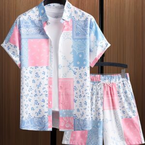 Casual Lapel-Button Hawaiian Shirt And Shorts Set For Men